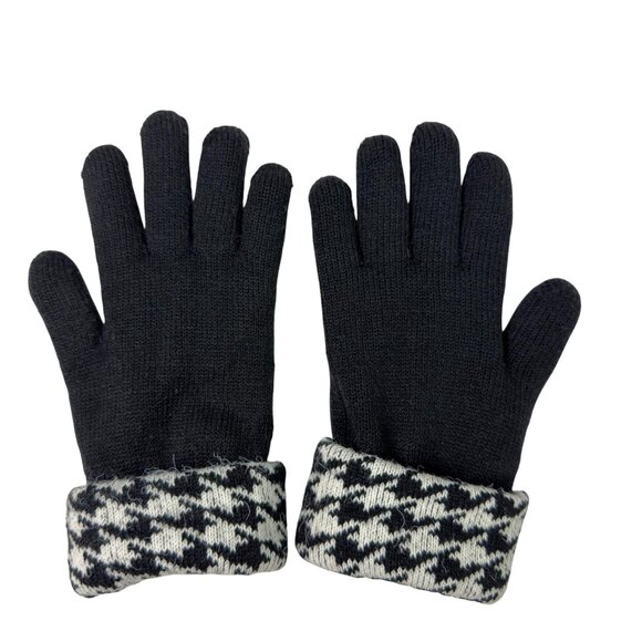 Women’s Black Knit Gloves with Houndstooth Cuffs – Fleece Lined - Picture 2 of 5